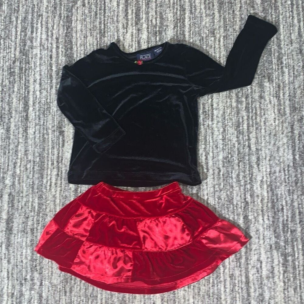 The Childrens Place Girls Size 3T Velvet Top & Skirt Set Red Black Velvet